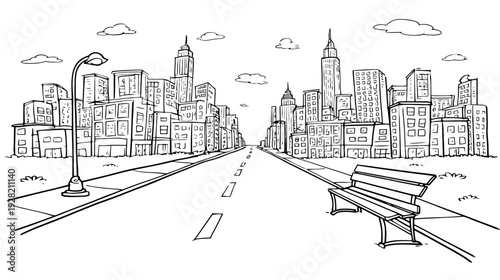 Detailed hand-drawn city street illustration in black and white, featuring an urban skyline, buildings, street light, and bench, perspective view.