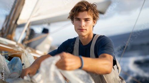 Ocean cleanup volunteer removing plastic while corporate polluter dumps waste from yacht in background, perfect for environmental inequality concept, money over planet, corporate pollution, modern