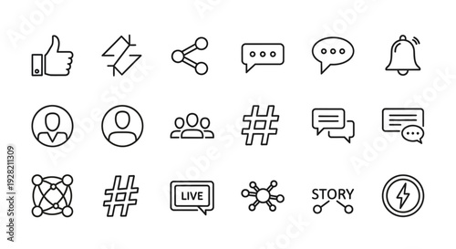 Social media modern line icons set vector illustration, collection of web elements for communication and networking