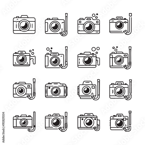 Camera Icons Underwater Photography Equipment Snorkel Gear Set Vector Illustration