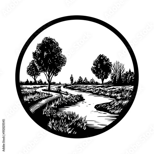 Winding River Landscape Illustration, Black and White Hand-Drawn Nature Scene with Trees and Path in Circular Frame