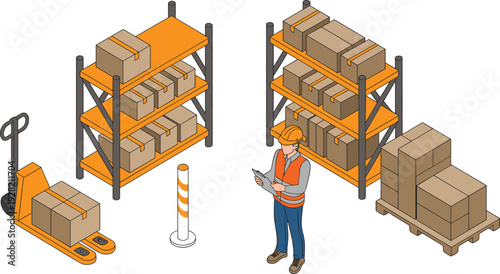 Warehouse logistics and storage vector illustration, worker inventory management shelves boxes pallet jack distribution concept