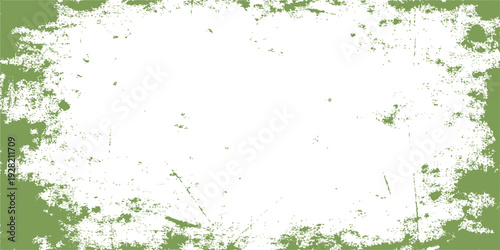 A green grunge watercolor background features a nature-inspired leaf pattern with ink splatters and a dirty paint stain border design