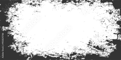 Abstract grunge ink splat frame featuring a vintage black paint texture with floral silhouette patterns and a dirty vector spray splatter design on a paper background banner