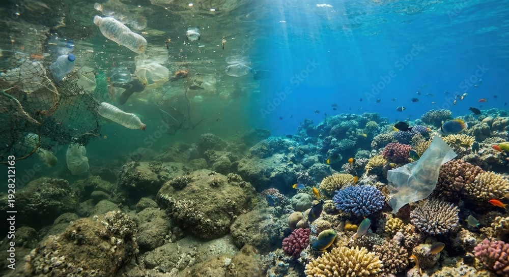 Fototapeta premium Underwater scene contrasting severe ocean pollution with vibrant coral reef life.