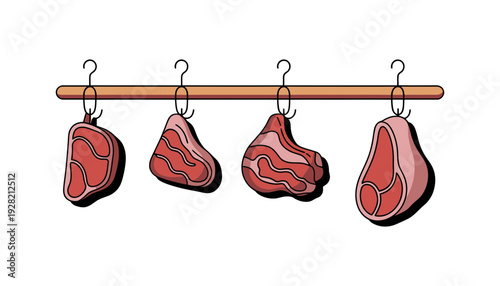 Meat vector illustration of raw steaks hanging on hooks from a wooden rod