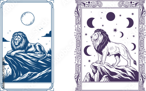 Hand Drawn Tarot Lion Illustration Set, Majestic Moon and Crescent Celestial Card Design, Vintage Engraving Style Divination Artwork
