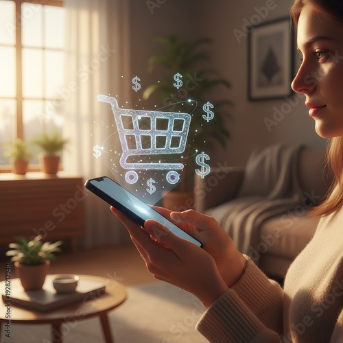 Young woman using smartphone for online shopping with digital shopping cart hologram