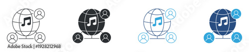 Global music sharing icon set, online audio community symbol, streaming network vector illustration