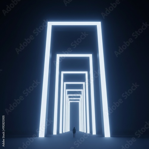 Man Standing in Front of a Receding Tunnel of Glowing Blue Neon Rectangular Frames