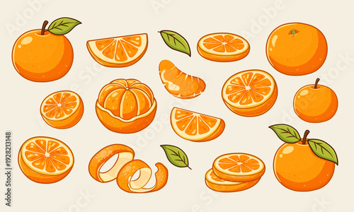 Orange Element Set. Collection of flat illustrations of oranges featuring whole fruits, slices, pieces, and peels. Perfect for packaging, templates, stickers, and summer designs.