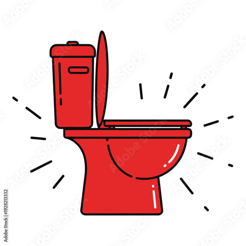 Red toilet with lid up and lines radiating from it  toilet bowl and seat icon