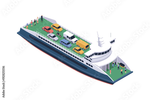 A large ferry boat with cars and people on the deck