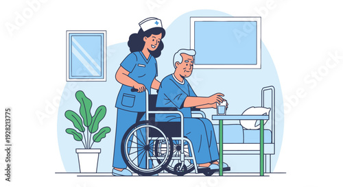 Nurse Assisting Elderly Patient in Hospital Room