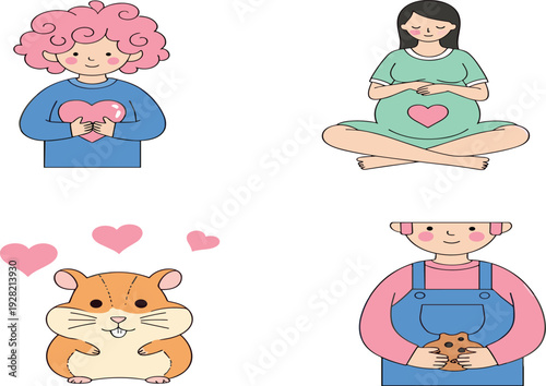 Self Love and Care Cartoon Characters Collection with Girl, Pregnant Woman and Cute Hamster Vector Illustration Set