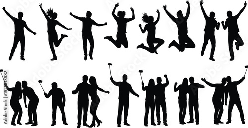 Silhouette of happy friends jumping and taking selfies together, celebration party concept isolated on white background illustration