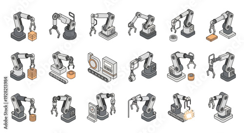 Industrial robotic arms collection set in isometric view, showing different models and functions for manufacturing processes