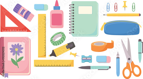 Back to school stationery vector set with notebook pencil scissors ruler glue and office supplies flat colorful illustrations for education and learning design