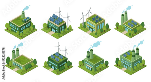 Isometric view of eco-friendly buildings with solar panels and wind turbines, representing green energy solutions and sustainable architecture
