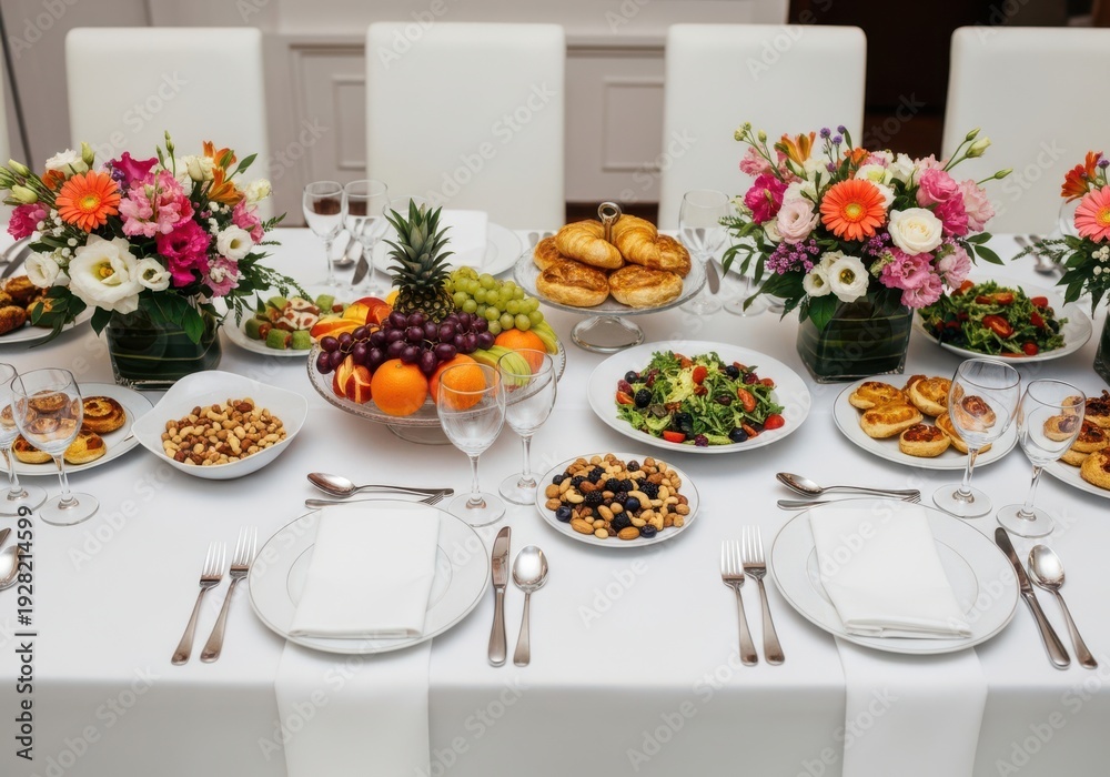 Fototapeta premium Elegant table setting with a variety of dishes and colorful flowers