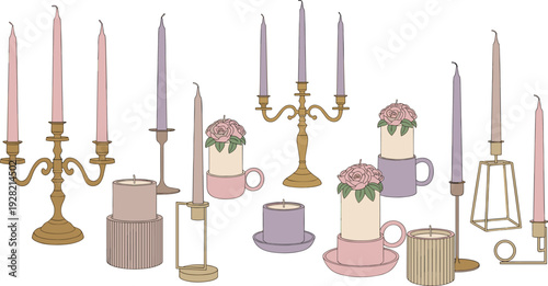 Set of elegant candle and candelabra vector illustrations with various gold holders decorative pillar candles and tapered wax candles in soft pastel colors