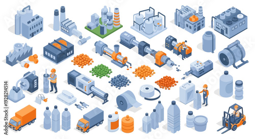Industrial manufacturing and production elements, including machinery, vehicles, and materials in an isometric perspective