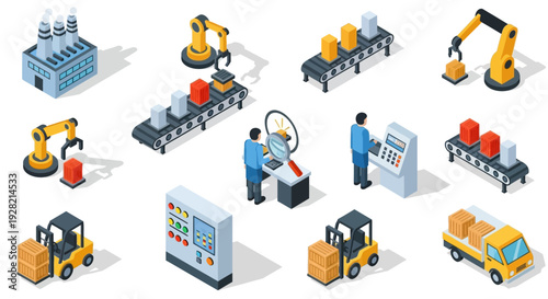 Isometric factory, industrial automation, and logistics elements for efficient production and supply chain management illustrations
