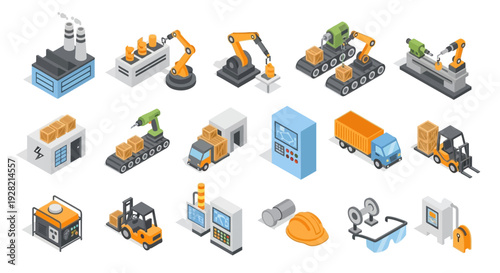 Industrial machinery and automation equipment depicted in isometric vector graphics on a white background
