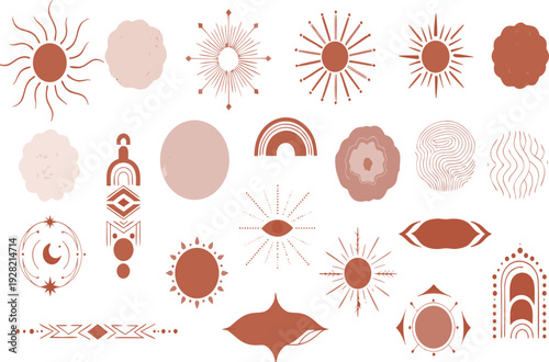 Boho celestial sun and moon vector set in terracotta and clay palette.