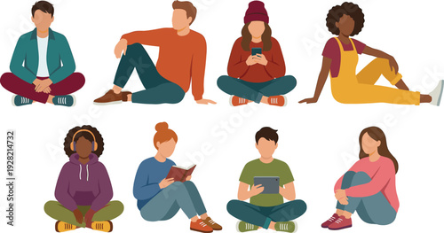 Diverse young people sitting, relaxing, reading, and using technology together in a modern flat cartoon vector illustration set