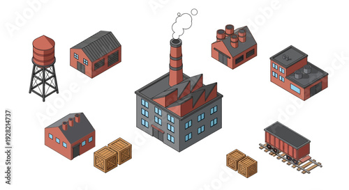 Isometric industrial buildings, factory, water tower, and train car with cargo