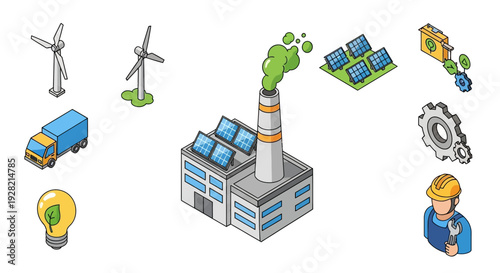 Illustrative icons depicting renewable energy sources, factories, and transportation for a sustainable industry concept