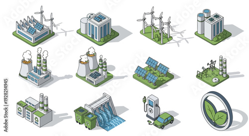 Renewable energy sources and eco-friendly technology illustrations including solar panels, wind turbines, and hydroelectric dams for sustainable power generation