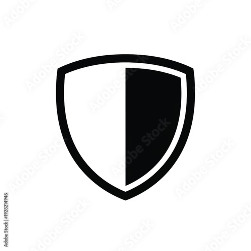 Shield icon with split black and white halves, minimalist security emblem for protection, defense and privacy branding featuring secure, safety, cybersecurity with antivirus and firewall elements for