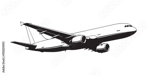 Black and white illustration of a large commercial airplane flying  side view