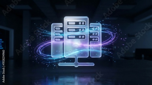 Wallpaper Mural Glowing computer servers with blue purple neon lights in a dark room Torontodigital.ca