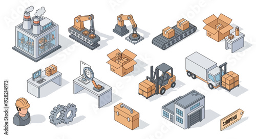 Isometric industrial and logistics icons representing manufacturing, delivery, and office operations with various equipment and structures