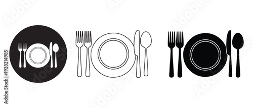 Black and white tableware icons with plates and cutlery