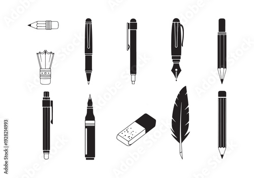 Black and white illustration of various writing instruments and tools