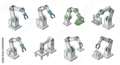 Collection of various industrial robotic arms in different poses and performing various tasks such as assembly and manipulation