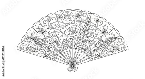 Elegant Hand Fan With Floral Design Black and White Line Art Illustration