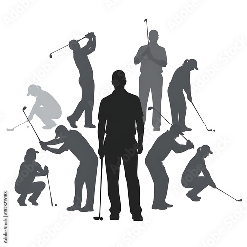 Golfers silhouettes set showing putting, chipping and full swing poses with clubs, isolated on white sports illustration featuring golf, golfer, silhouette with putt and chip shot elements for iron