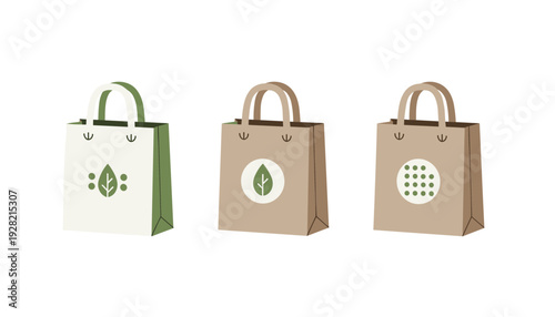 Three eco friendly reusable shopping bags with green leaf and circle patterns representing sustainable living and plastic free environment concept