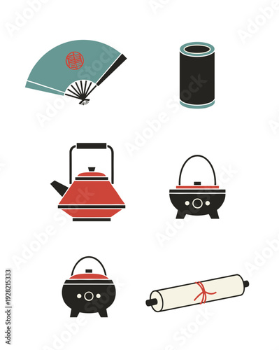 Traditional East Asian cultural icons set featuring folding fan tea pot scroll and ceramic pots for oriental heritage and ceremony themed designs