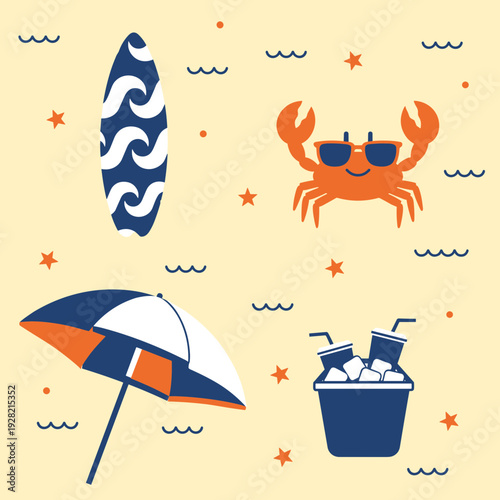 Summer beach vacation elements set with surfboard crab in sunglasses umbrella and ice drinks bucket for tropical travel and seaside leisure concept