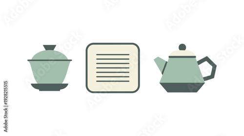Traditional chinese tea ceremony set including gaiwan tea bowl, information card, and geometric teapot with minimalist green ceramic design