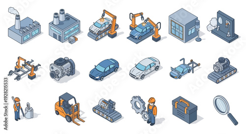 Collection of isometric industrial and construction icons representing manufacturing, engineering, and logistics