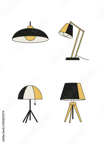 Modern interior lighting lamps collection including pendant light, desk lamp and tripod floor lamps in minimalist black and gold color scheme