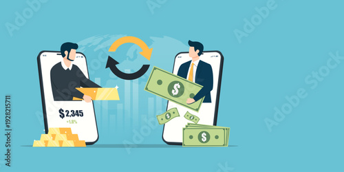 Flat art of two businessmen on mobile screens trading a gold bar for money. Features a global map background and financial charts, representing digital gold investment and mobile banking.