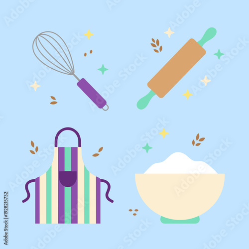 Baking and cooking ingredients and tools illustration with wire whisk, wooden rolling pin, kitchen apron, and a bowl of fresh white flour